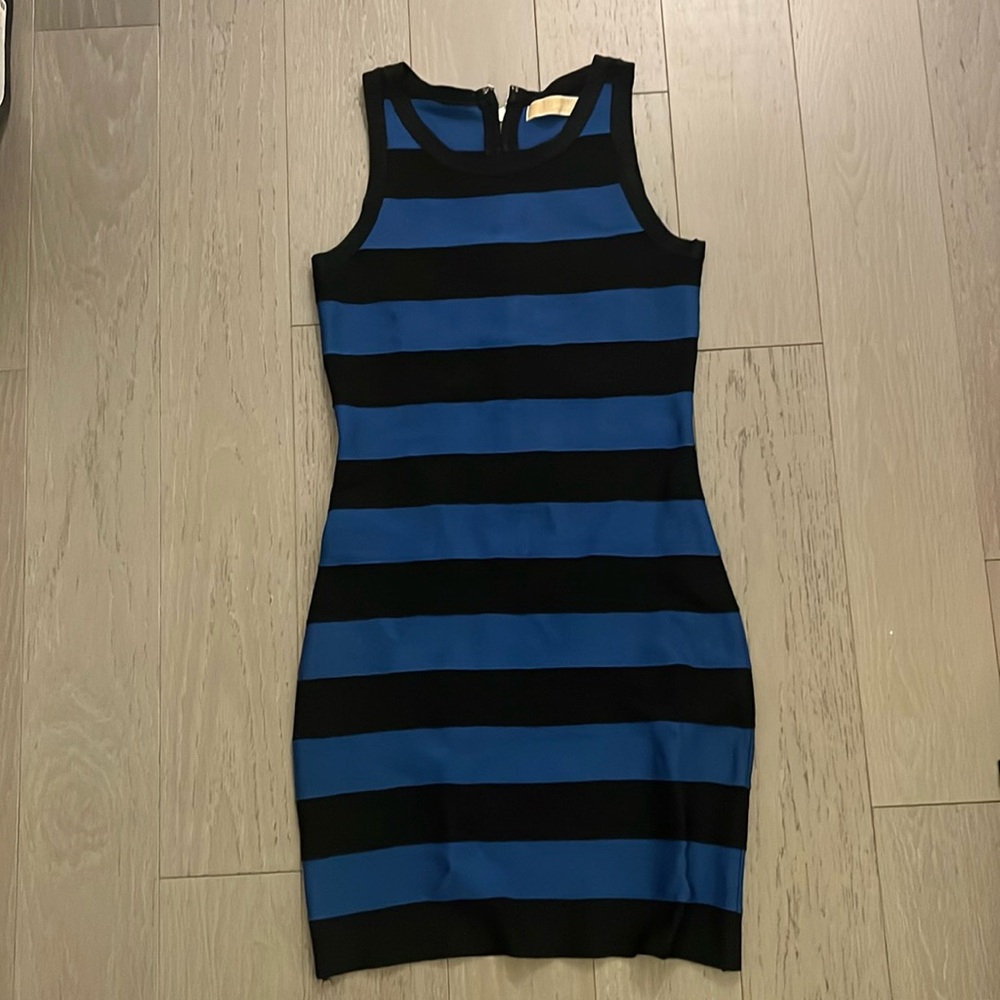 MICHAEL Michael Kors blue and black stripe bandage dress